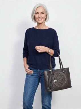 BRIGHTON FERRARA COLLECTION PEWTER GABRIELLA MEDALLION TASSELED TOTE PURSE